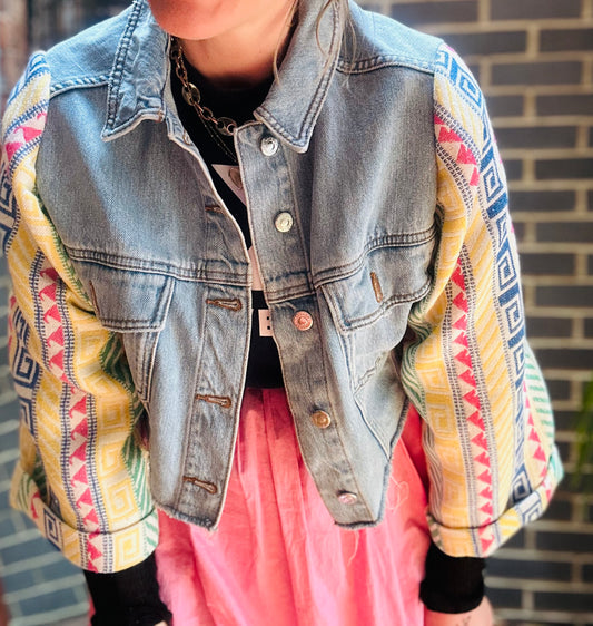 MY collection: Denim repurposed jacket with statement Aztec sleeves