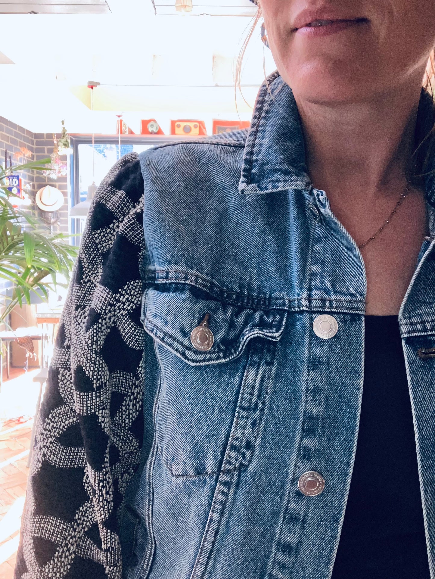 MY collection: Denim repurposed jacket with black and white jacquard sleeves