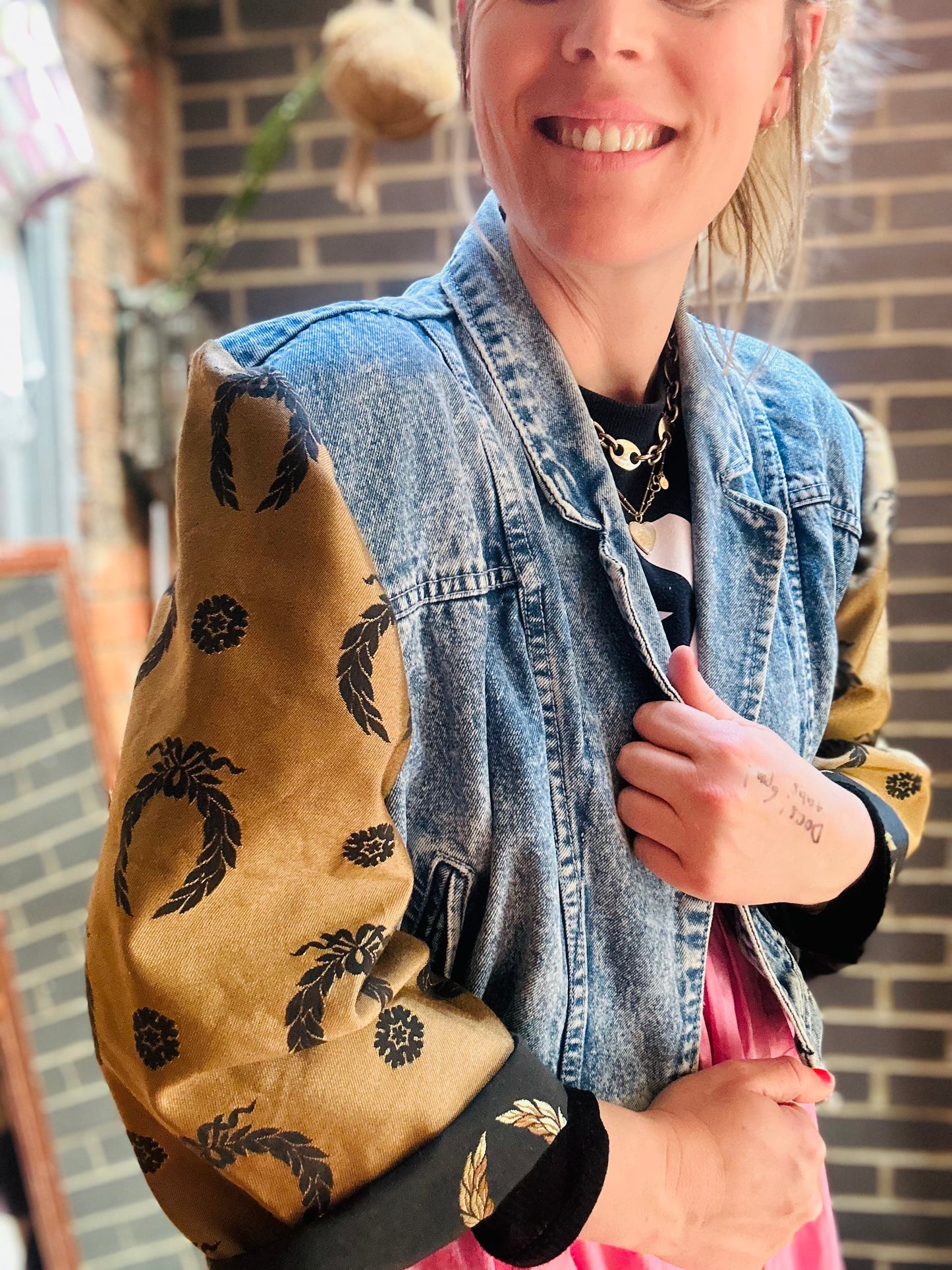 MY collection: Denim repurposed jacket with gold and black jaquard sleeves
