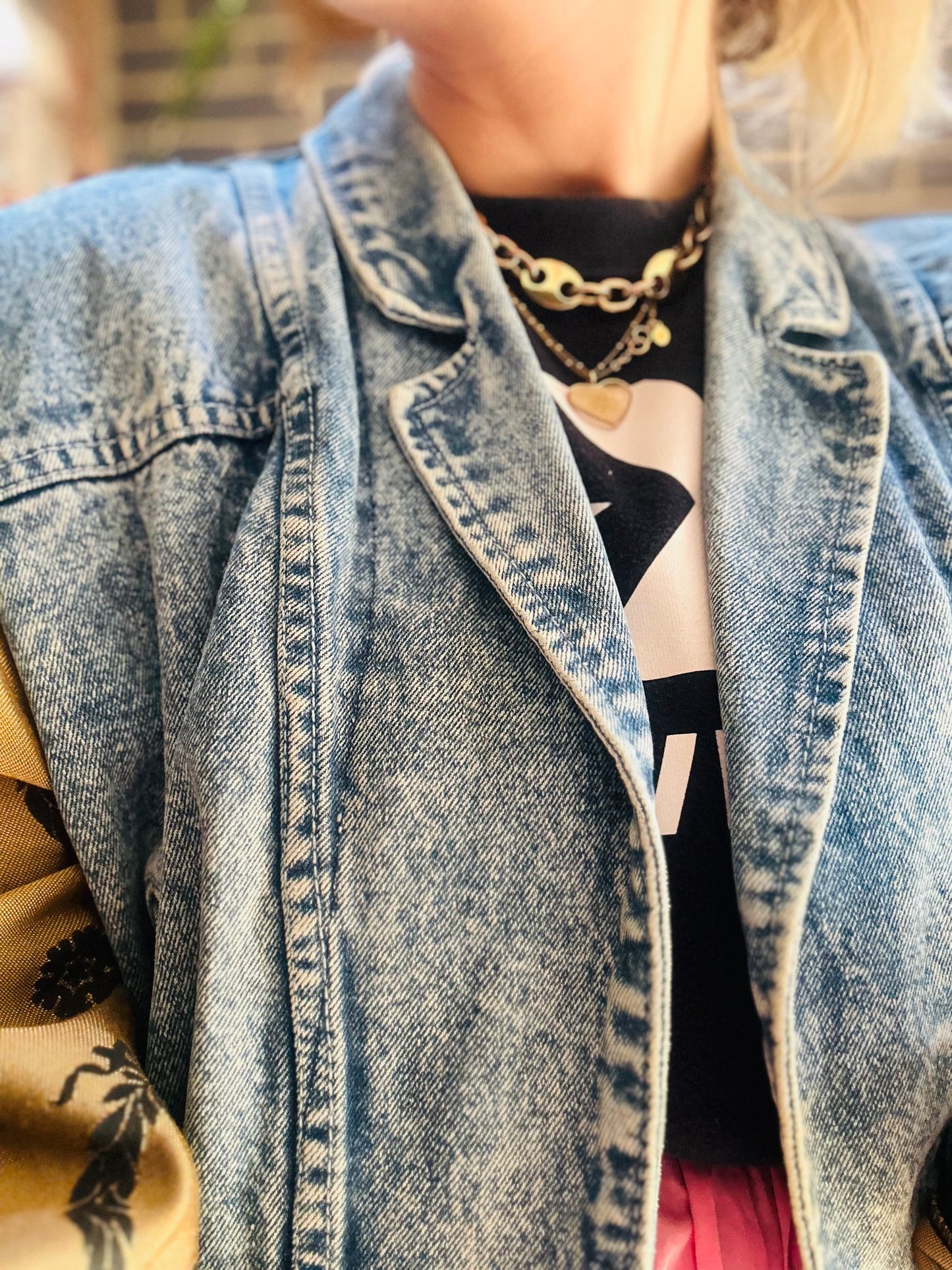 MY collection: Denim repurposed jacket with gold and black jaquard sleeves