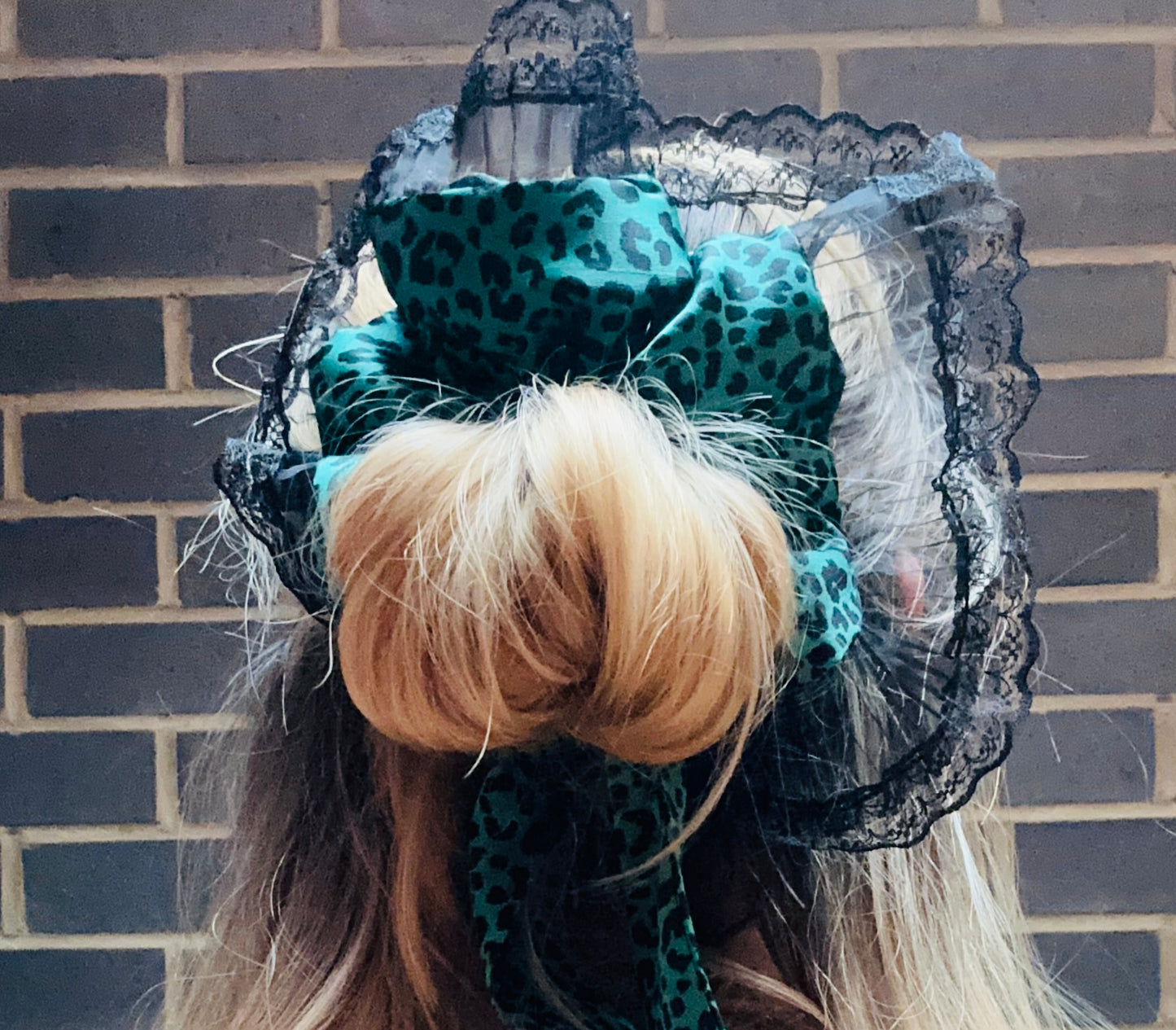Green leopard print scrunchie with black lace