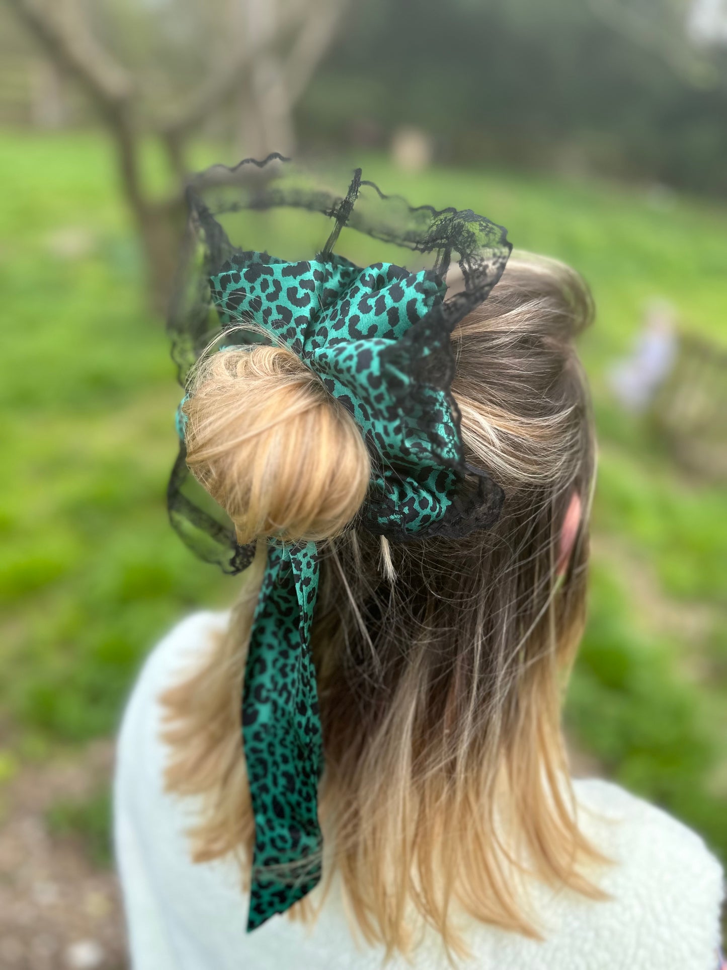 Green leopard print scrunchie with black lace
