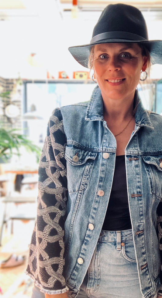 MY collection: Denim repurposed jacket with black and white jacquard sleeves
