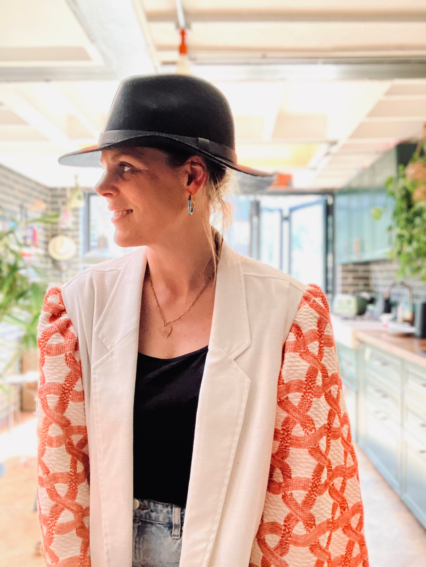 MY collection: Repurposed long blazer with coral and white jacquard sleeves