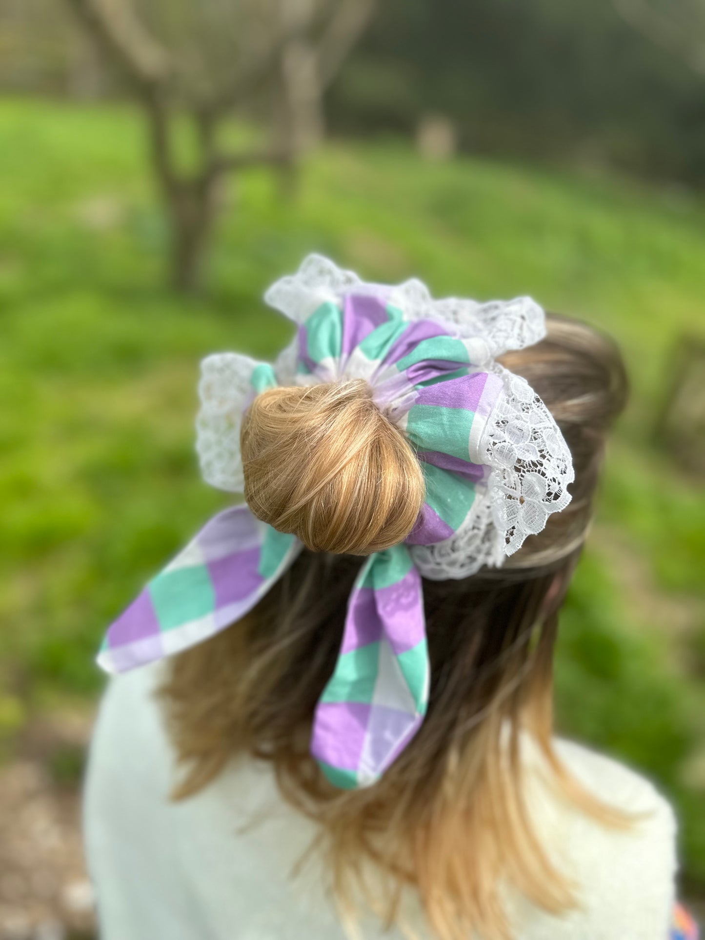 Oversized repurposed bow lace scrunchie mint green and lilac