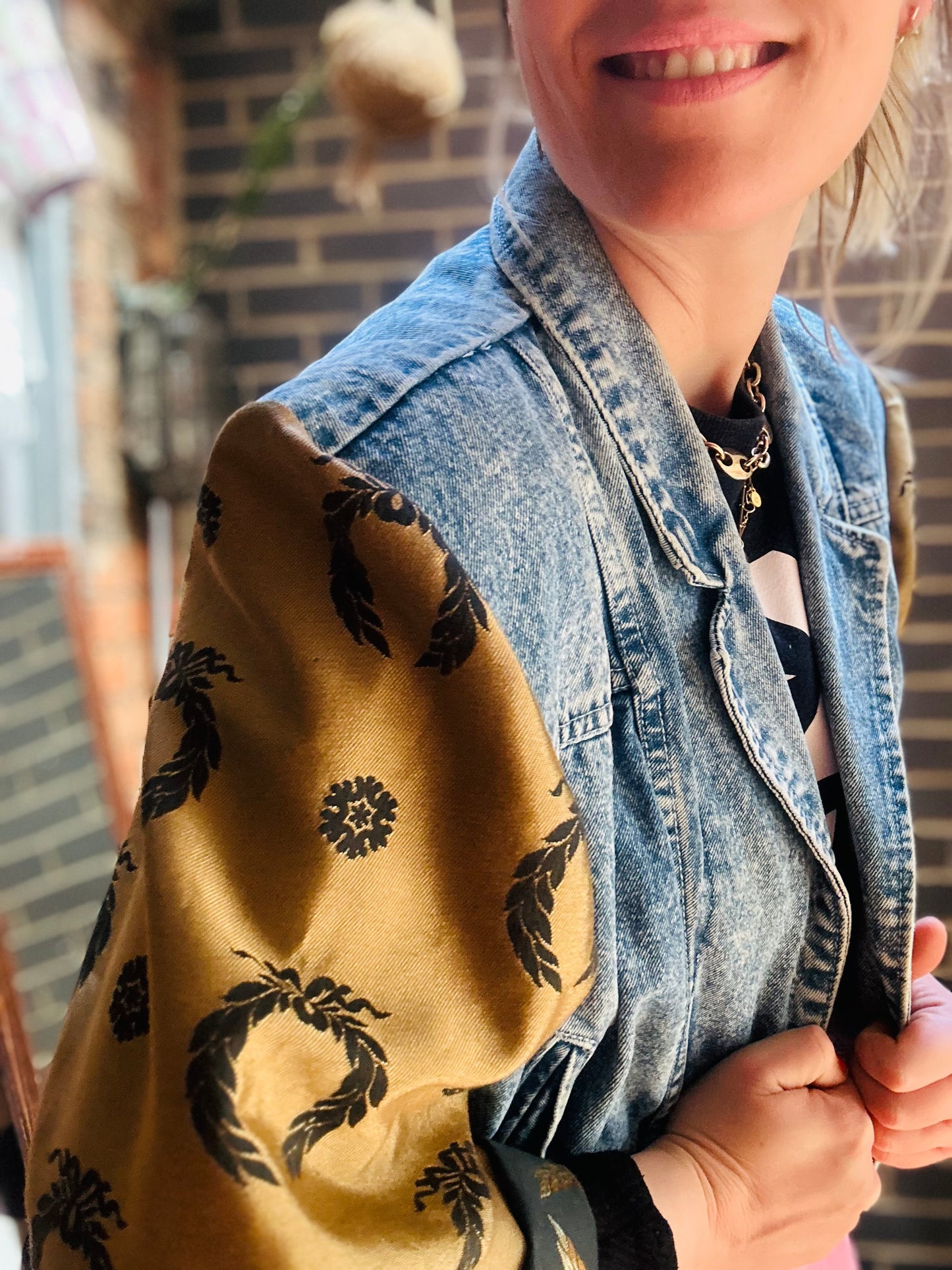 MY collection: Denim repurposed jacket with gold and black jaquard sleeves