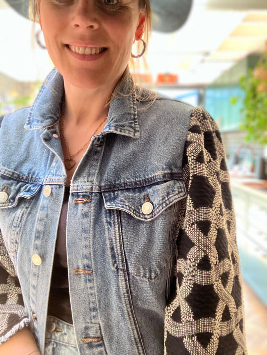 MY collection: Denim repurposed jacket with black and white jacquard sleeves