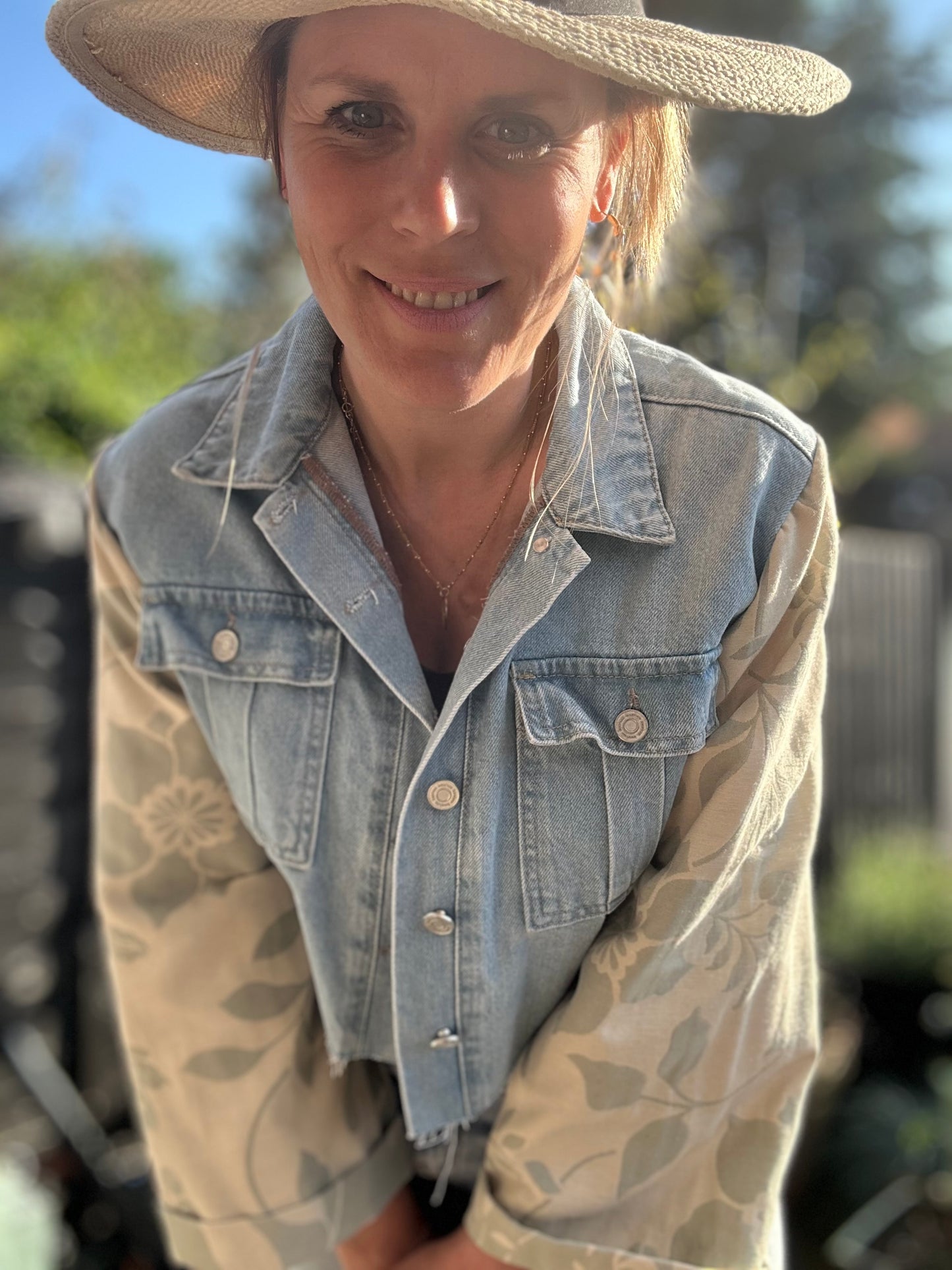 MY collection: Repurposed denim jacket with sage green arms