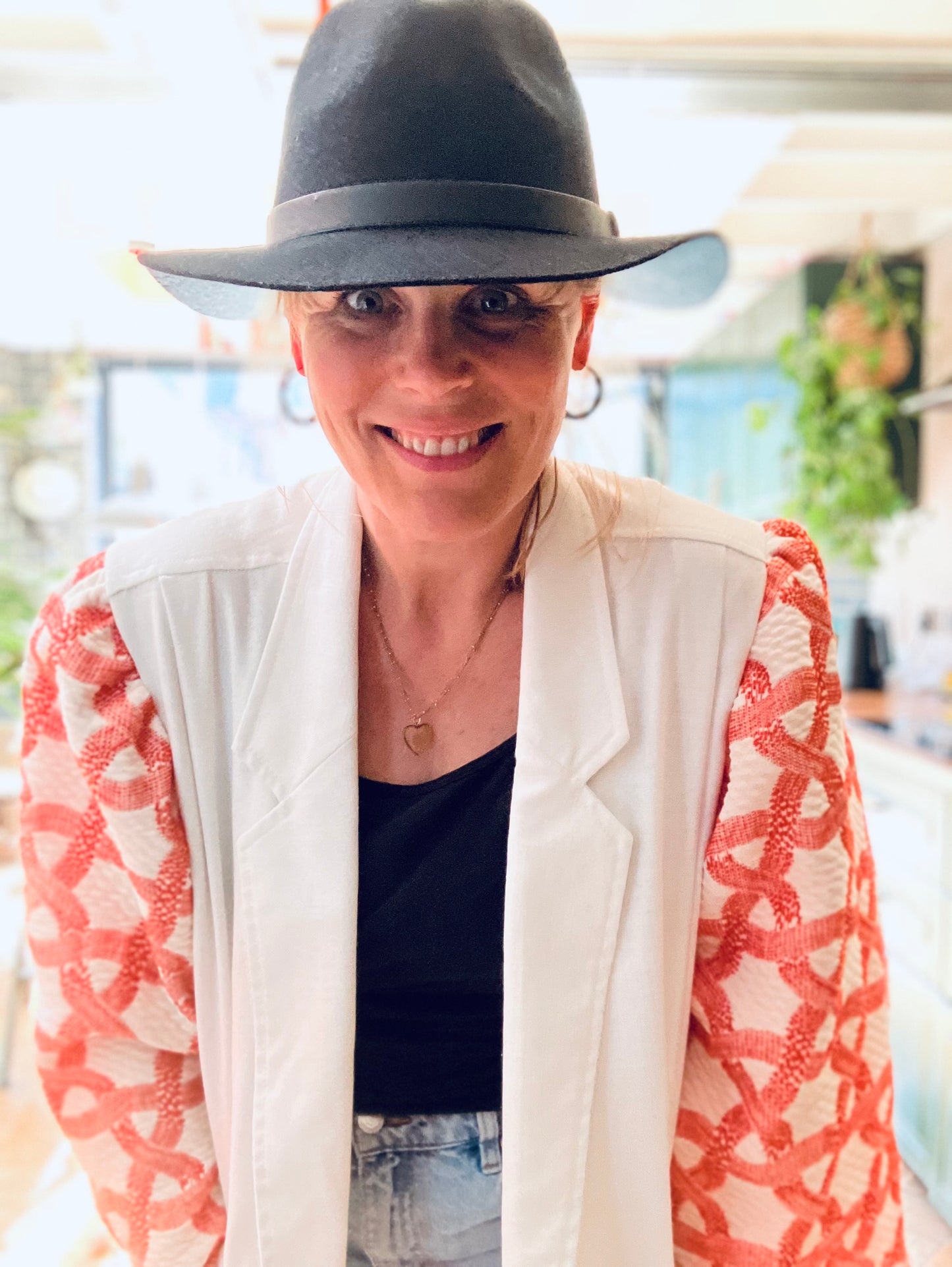 MY collection: Repurposed long blazer with coral and white jacquard sleeves