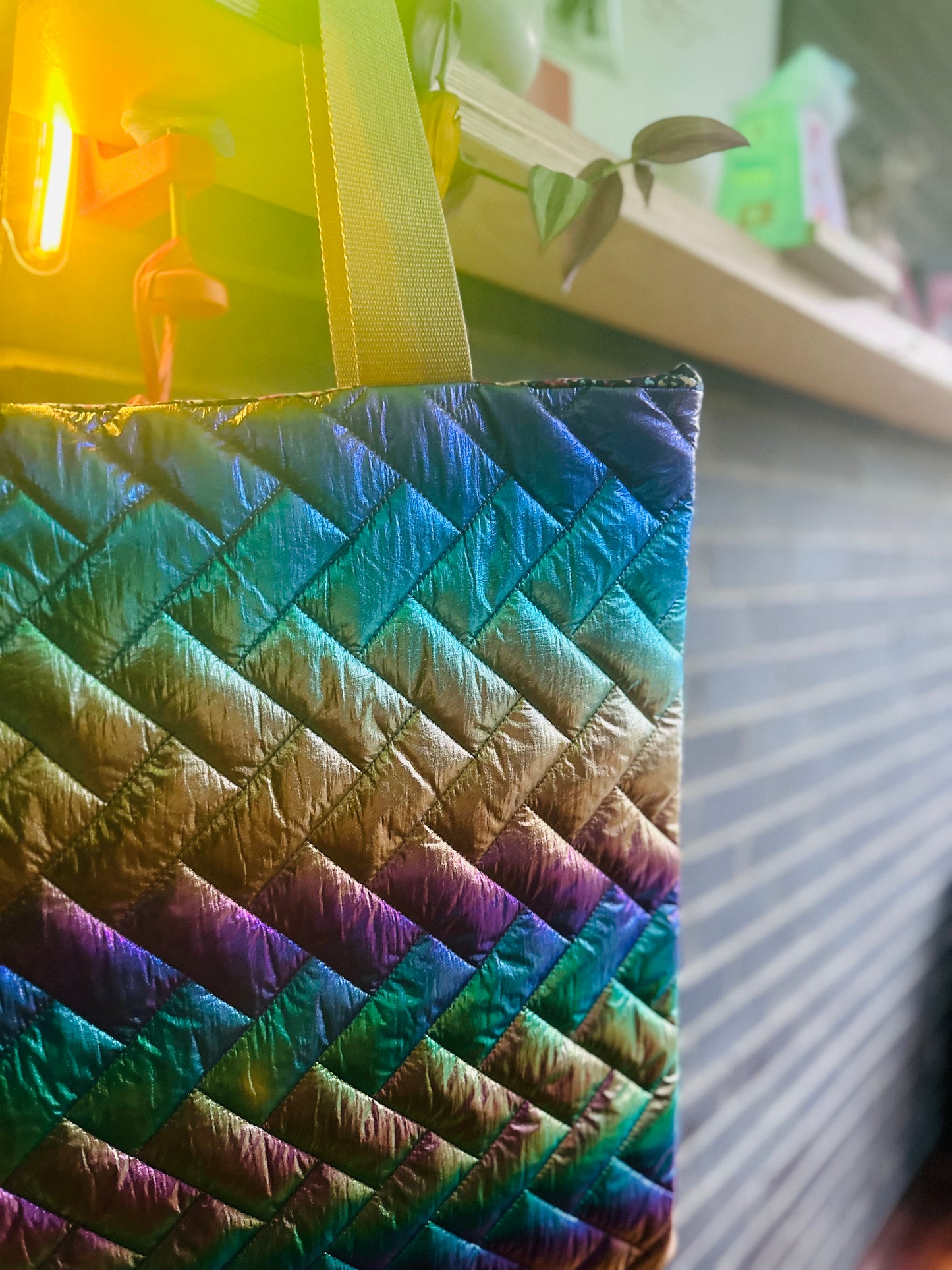 Rainbow iridescent quilt tote bag