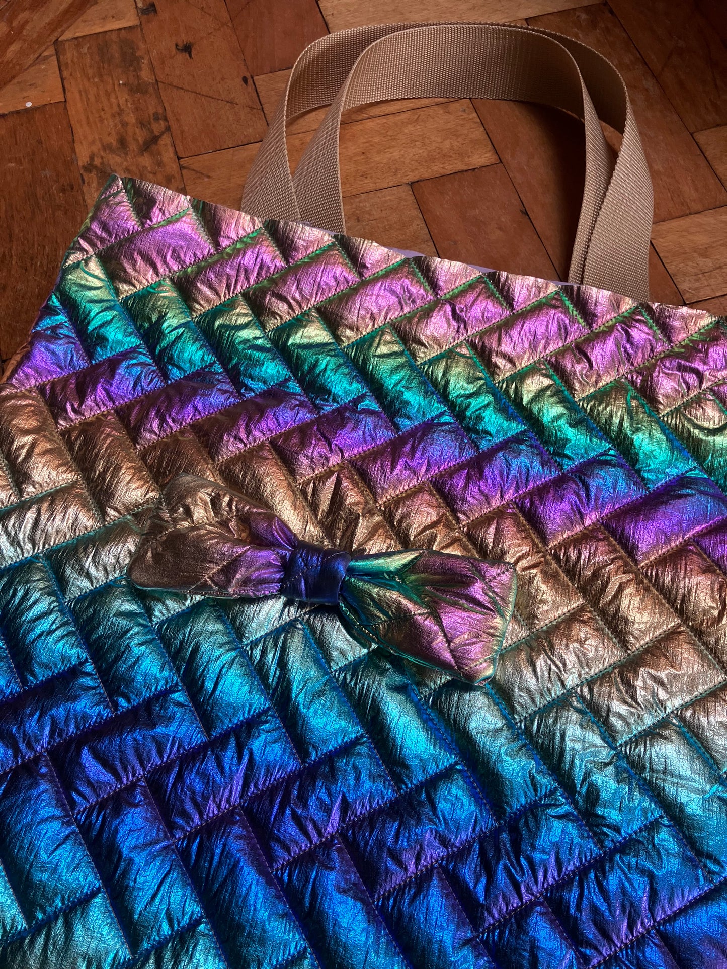 Rainbow iridescent quilt tote bag