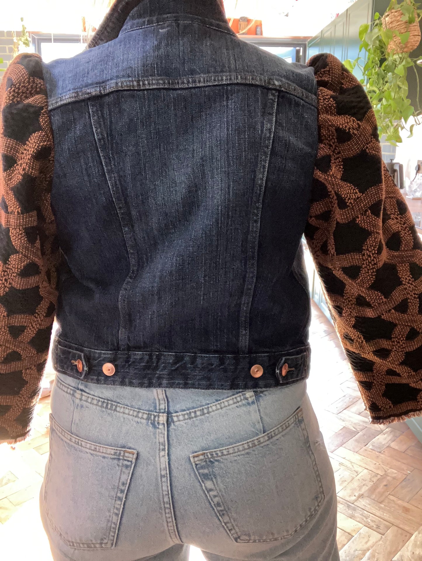 MY collection: Denim repurposed jacket with black and rust jacquard sleeves