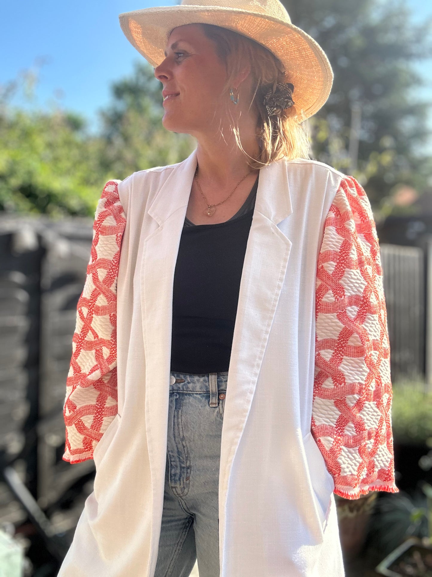 MY collection: Repurposed long blazer with coral and white jacquard sleeves