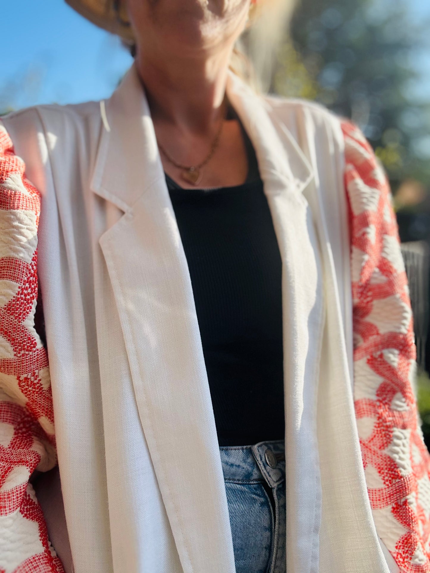 MY collection: Repurposed long blazer with coral and white jacquard sleeves