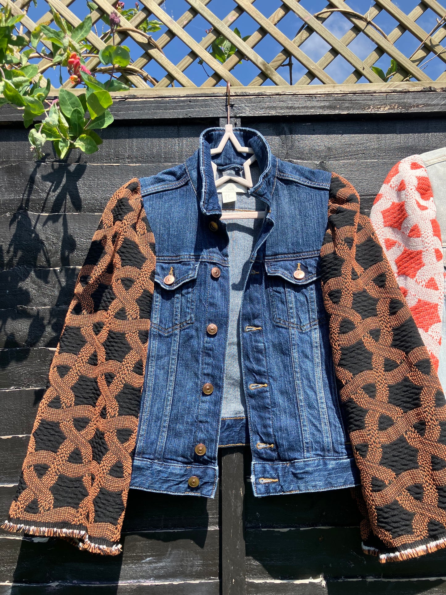 MY collection: Denim repurposed jacket with black and rust jacquard sleeves