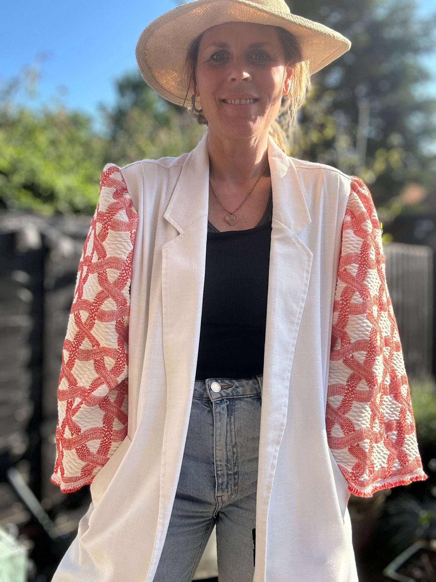 MY collection: Repurposed long blazer with coral and white jacquard sleeves
