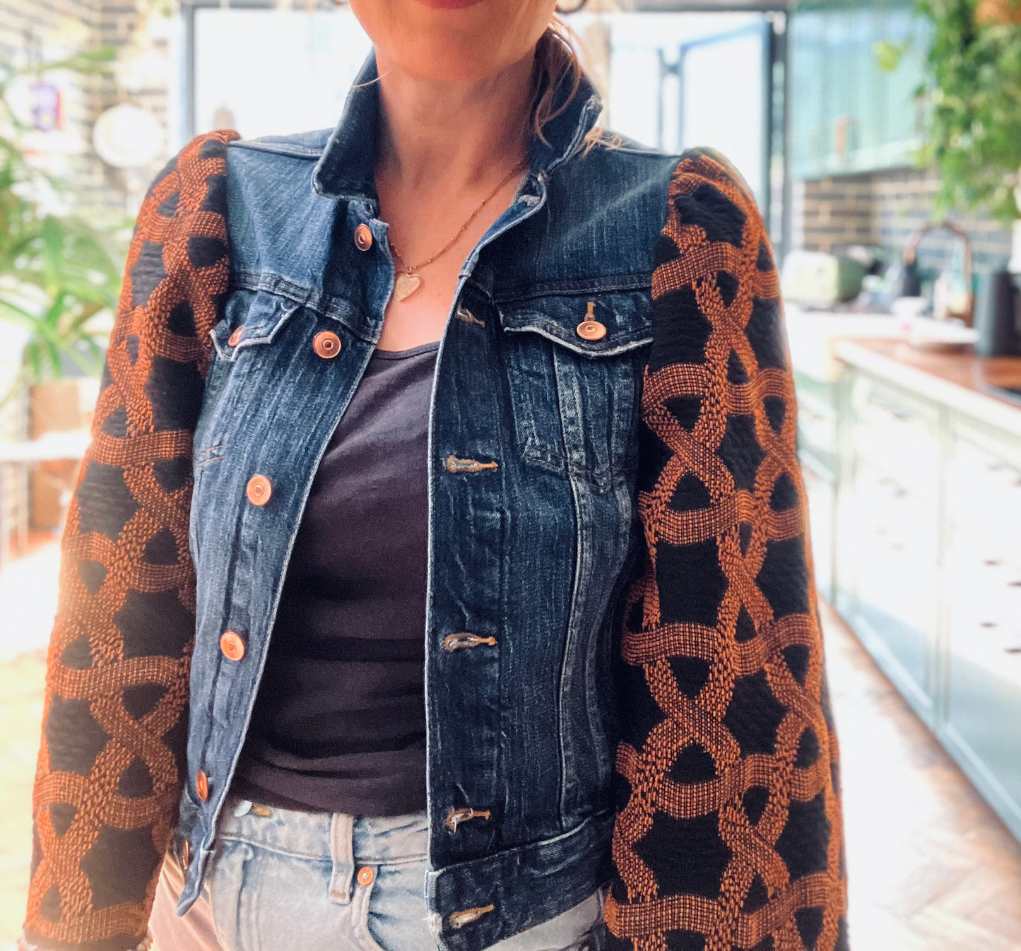 MY collection: Denim repurposed jacket with black and rust jacquard sleeves