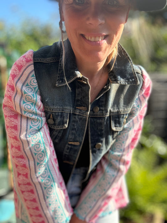 MY collection: Denim repurposed jacket with teal blue and fuschia pink jacquard sleeves