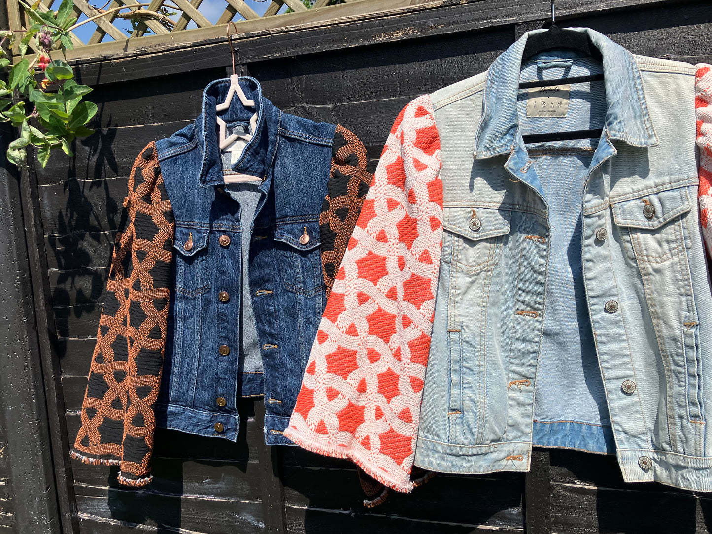 MY collection: Denim repurposed jacket with coral and white jacquard sleeves