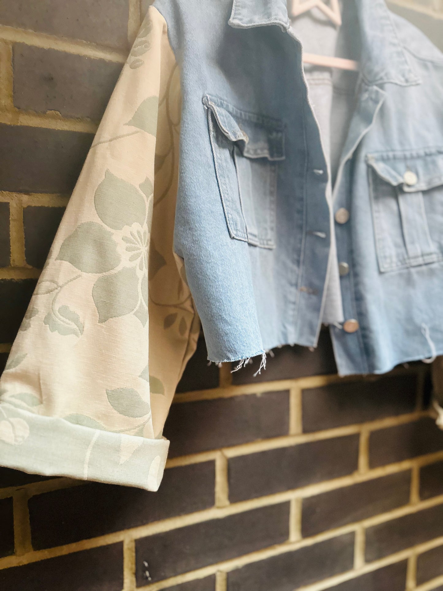 MY collection: Repurposed denim jacket with sage green arms