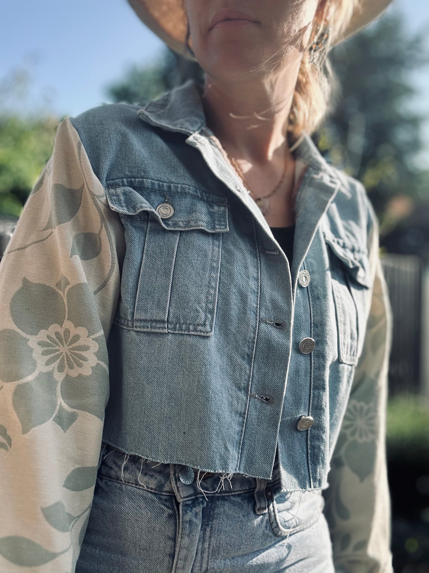 MY collection: Repurposed denim jacket with sage green arms