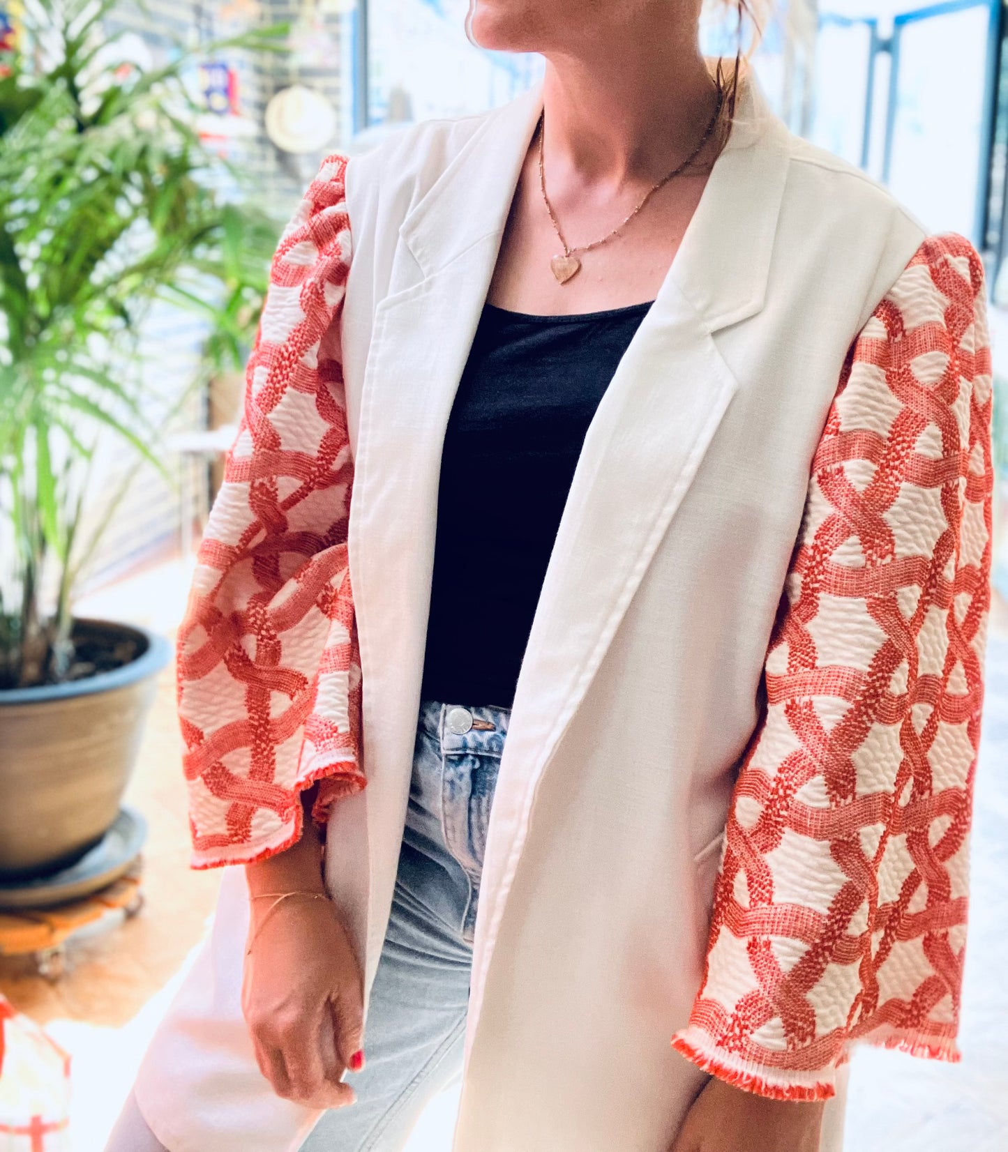 MY collection: Repurposed long blazer with coral and white jacquard sleeves