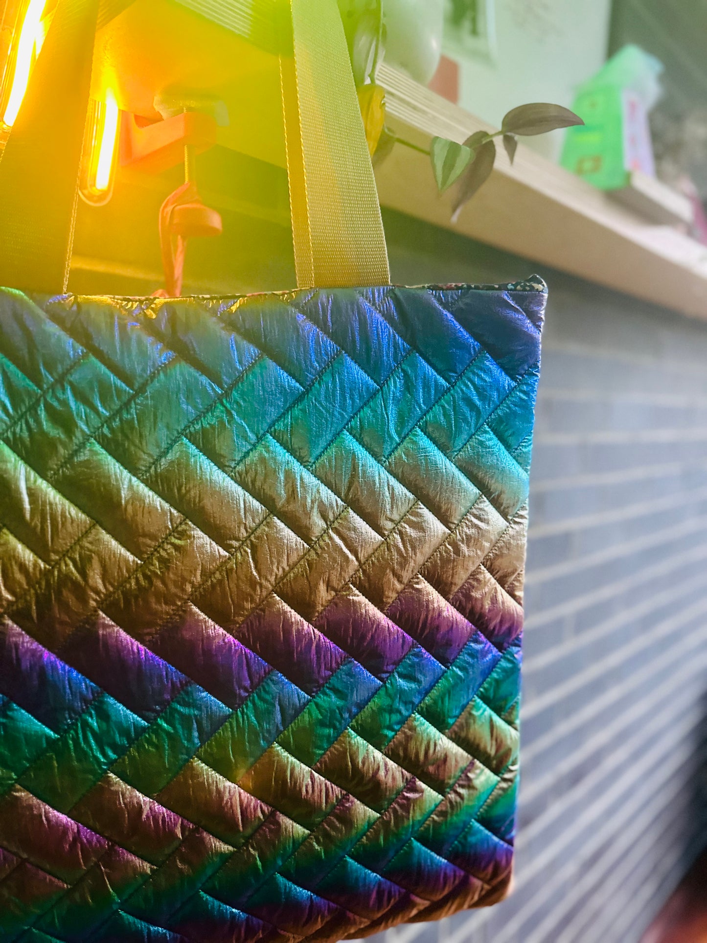 Rainbow iridescent quilt tote bag
