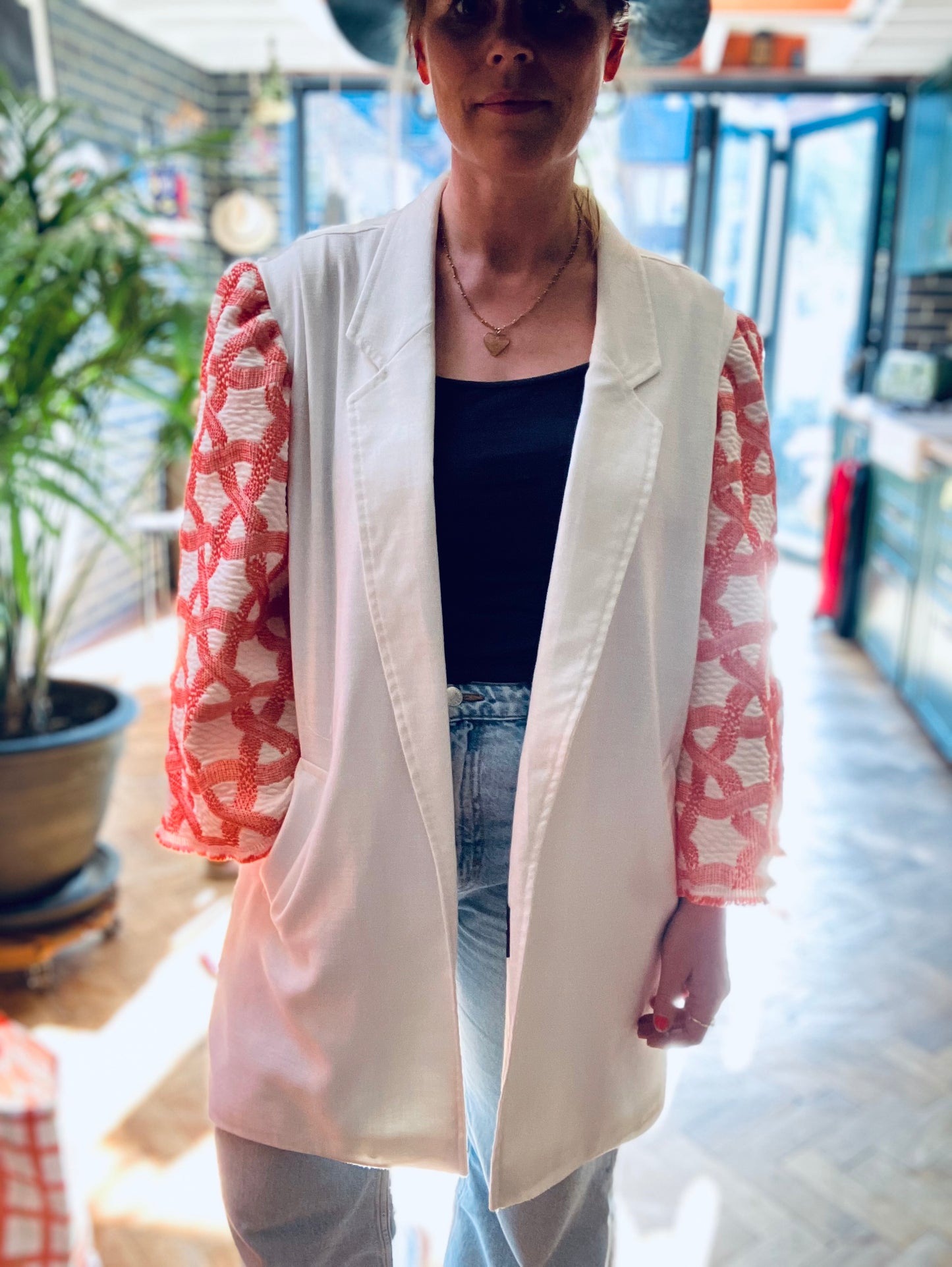 MY collection: Repurposed long blazer with coral and white jacquard sleeves