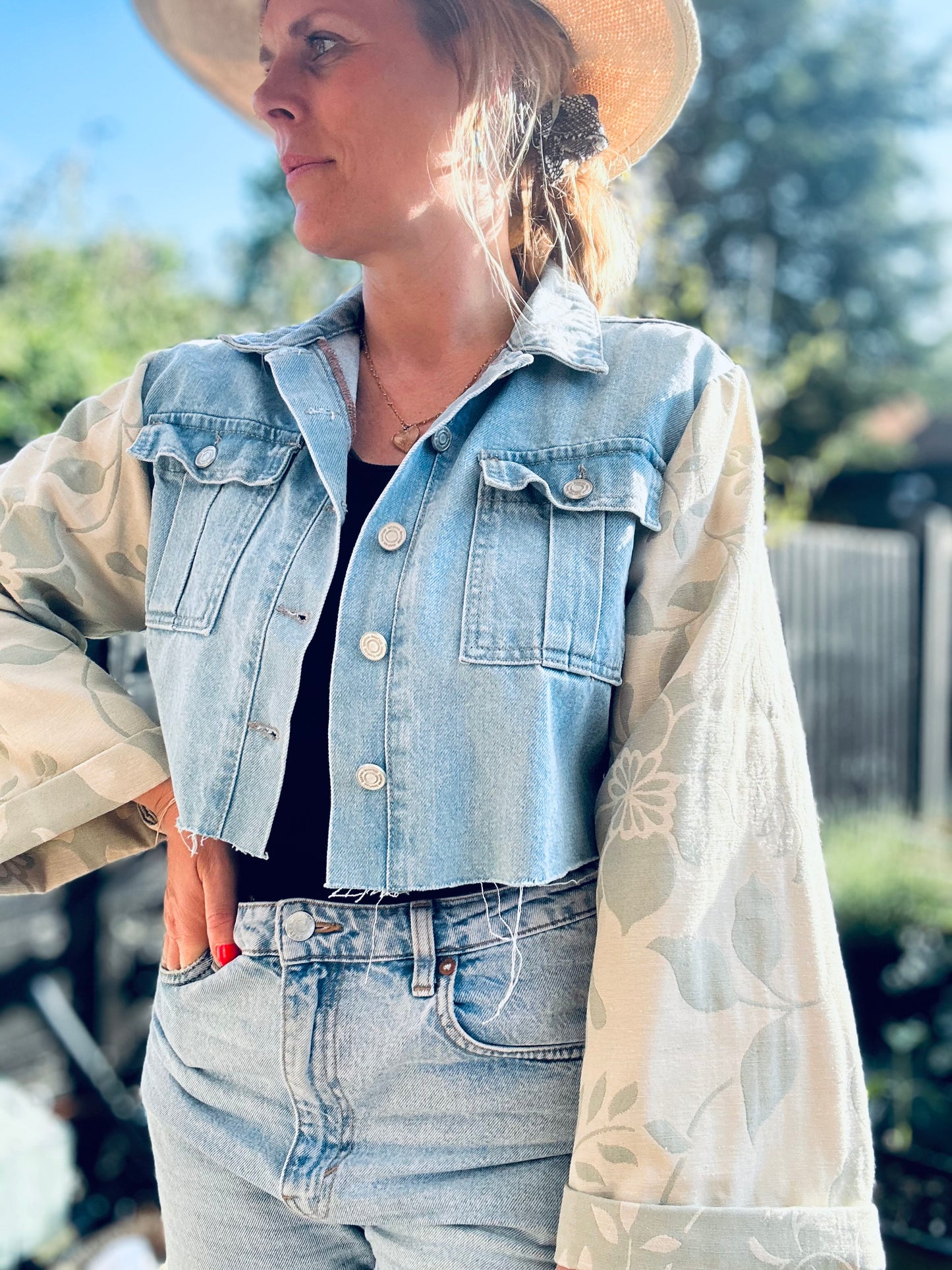 MY collection: Repurposed denim jacket with sage green arms