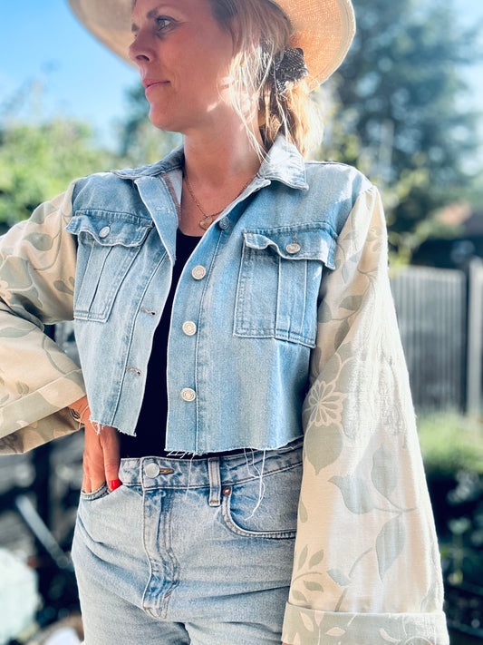 MY collection: Repurposed denim jacket with sage green arms