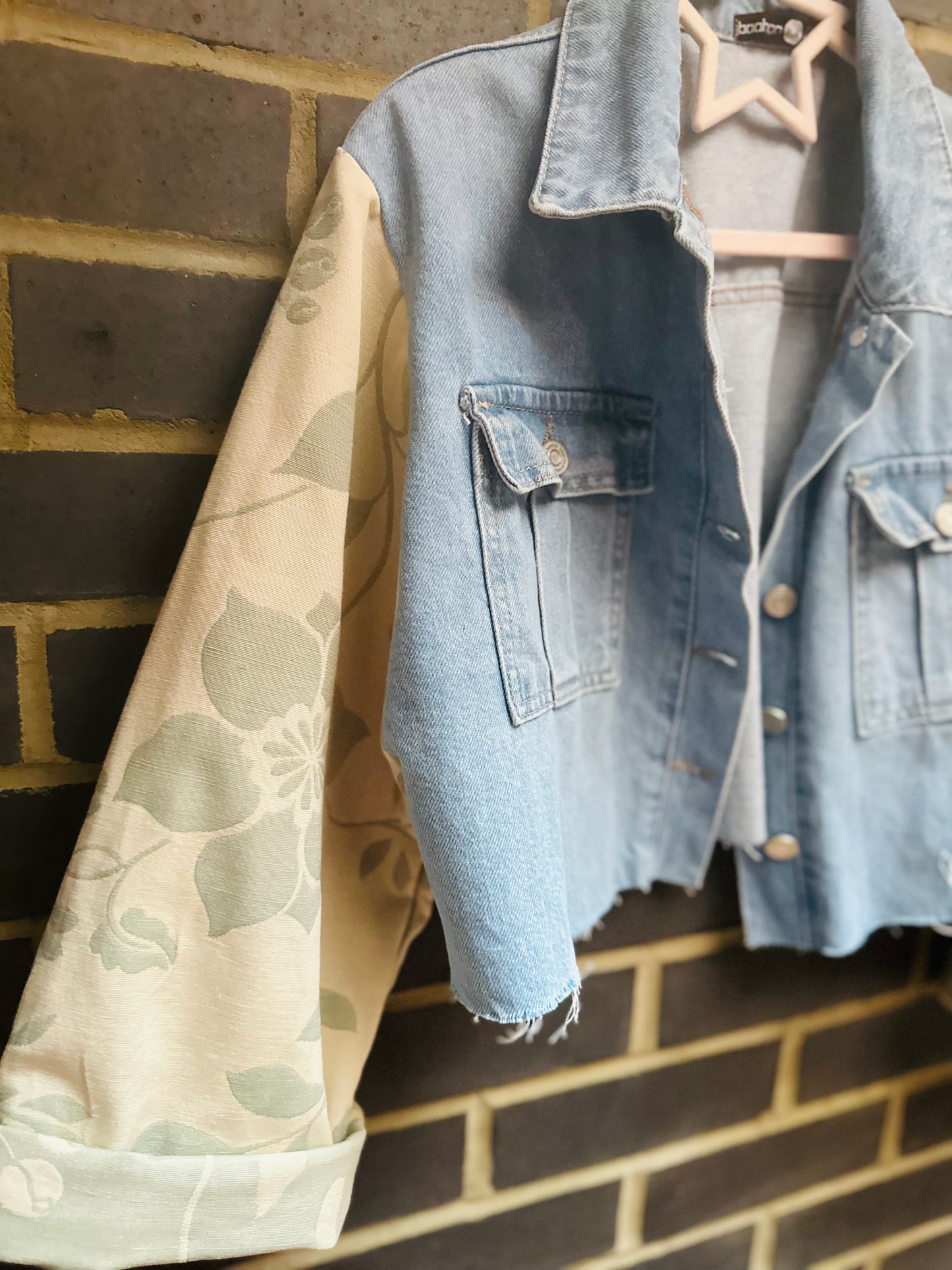 MY collection: Repurposed denim jacket with sage green arms
