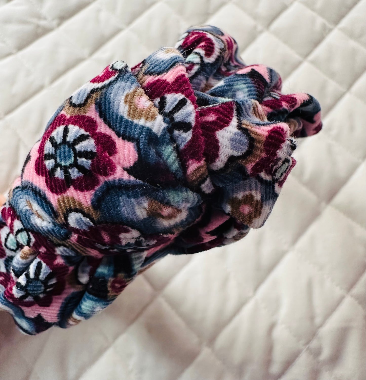 Corduroy pink blue and green retro flowers knotted band