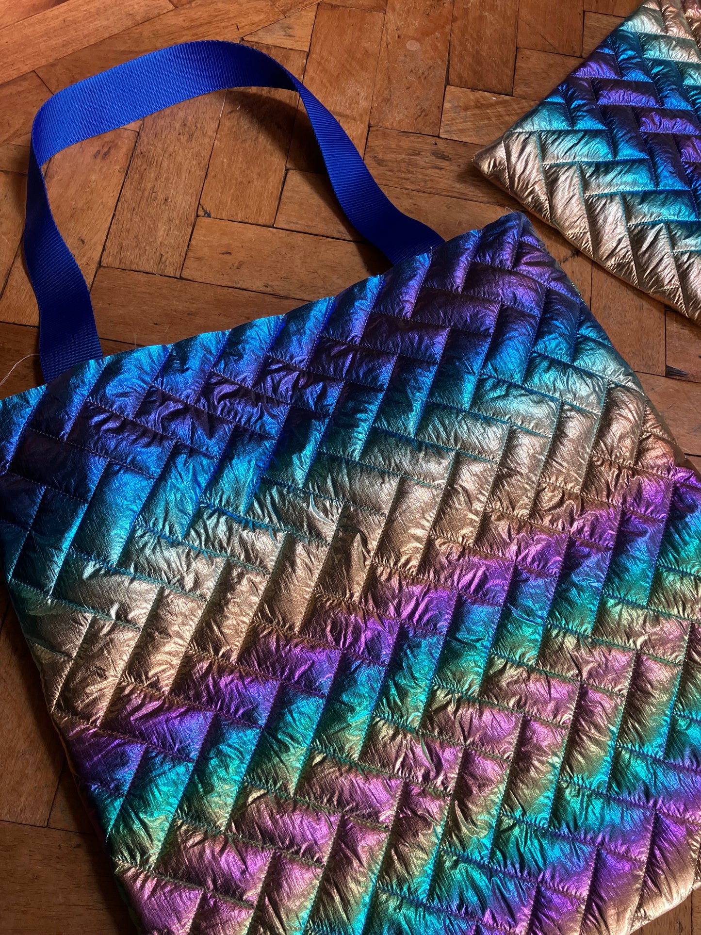Rainbow iridescent quilt tote bag