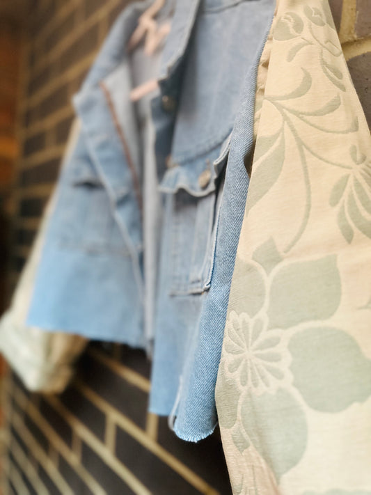 MY collection: Repurposed denim jacket with sage green arms