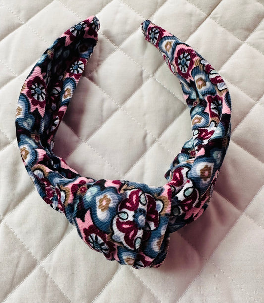 Corduroy pink blue and green retro flowers knotted band