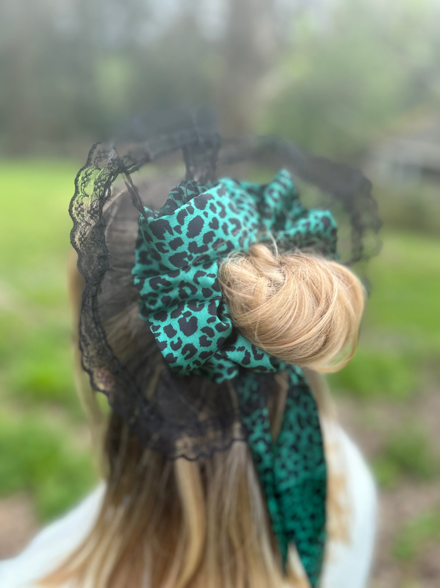 Oversized repurposed bow lace scrunchie