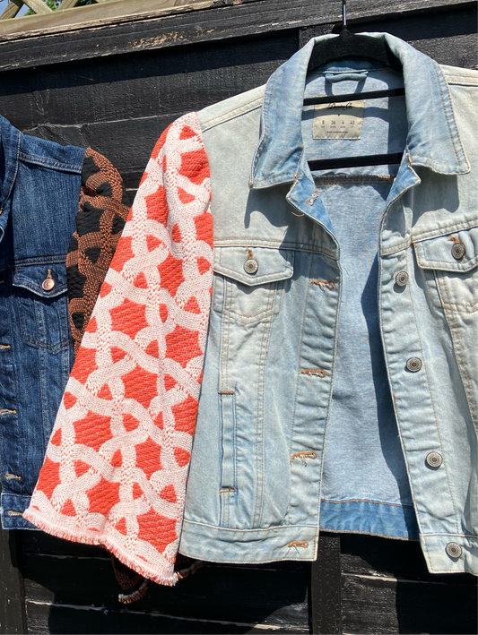 MY collection: Denim repurposed jacket with coral and white jacquard sleeves