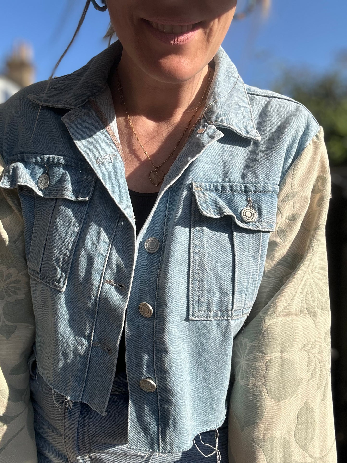 MY collection: Repurposed denim jacket with sage green arms