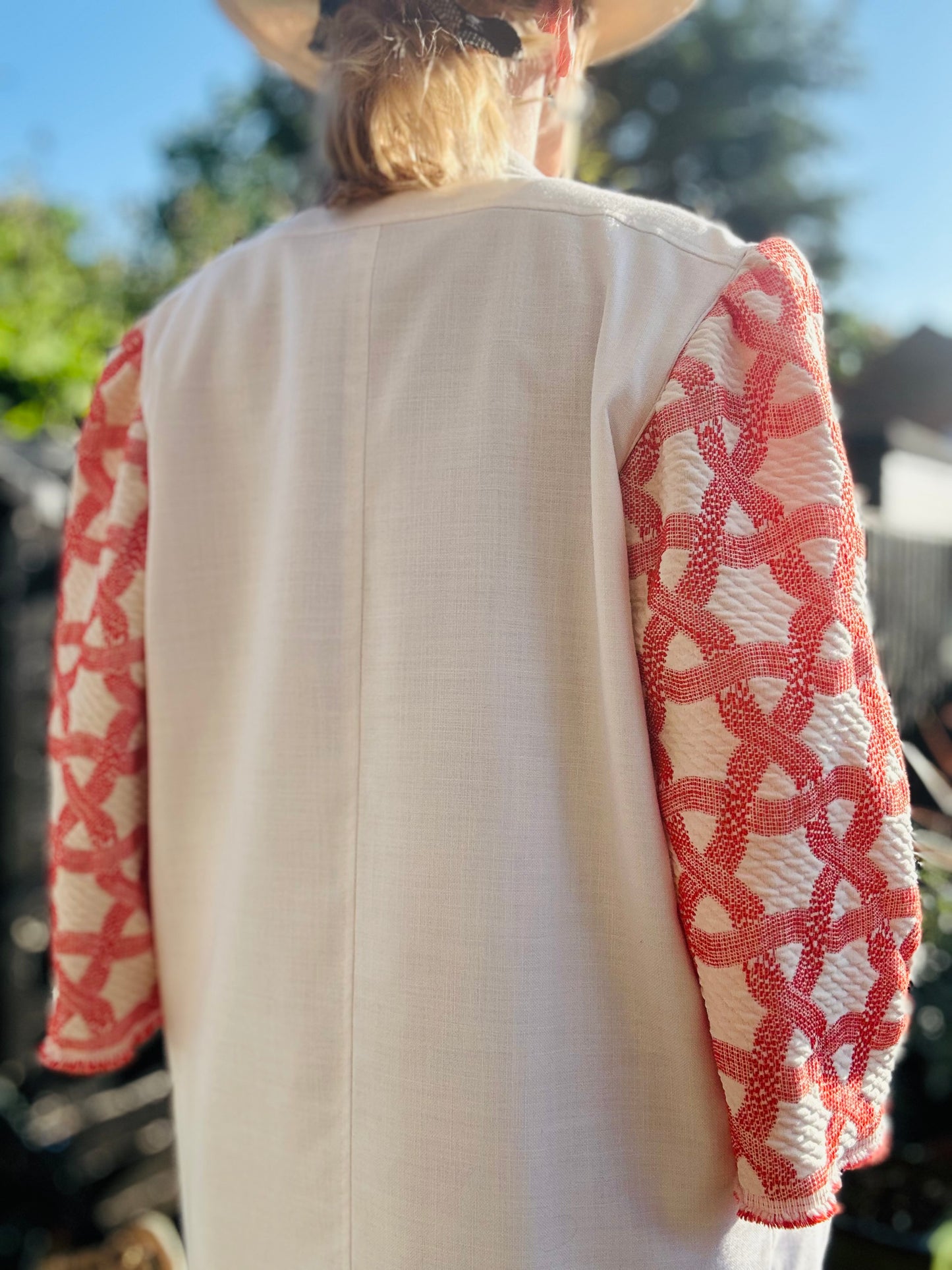 MY collection: Repurposed long blazer with coral and white jacquard sleeves