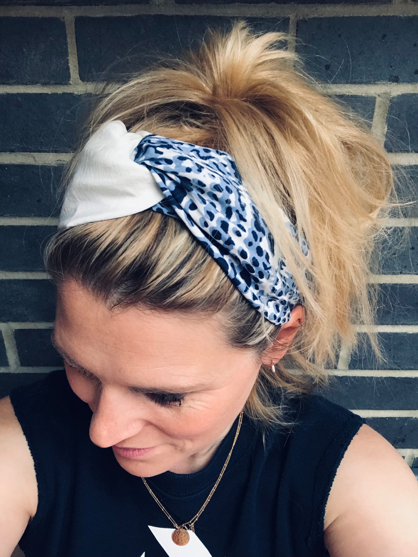 Turban style twist hairband cream and blue snakeskin