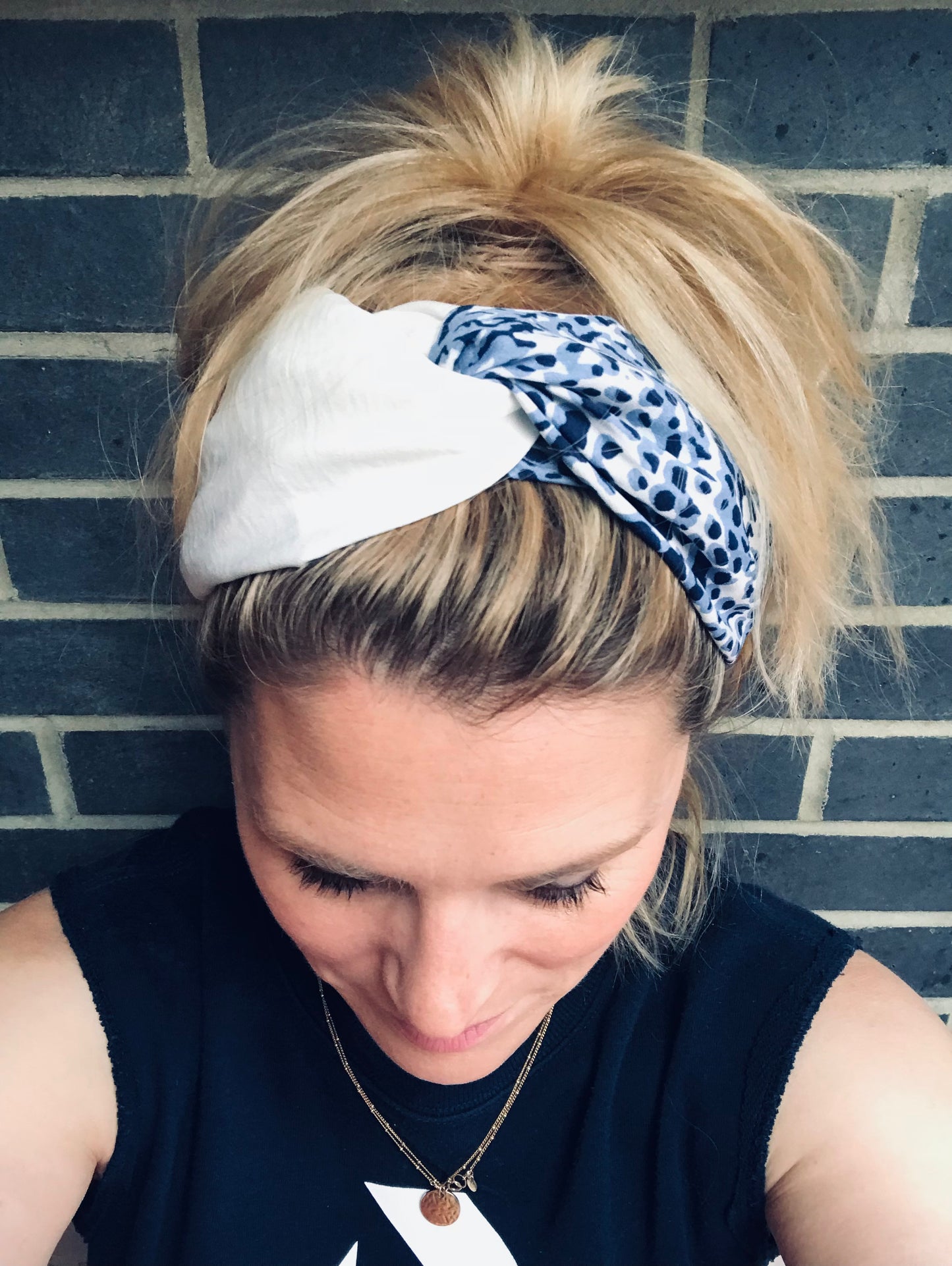 Turban style twist hairband cream and blue snakeskin