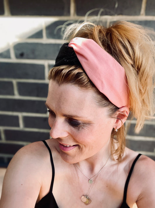 Turban twist in pink chino fabric mixed with black and glitter