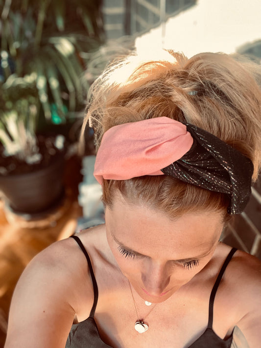 Turban twist in pink chino fabric mixed with black and glitter