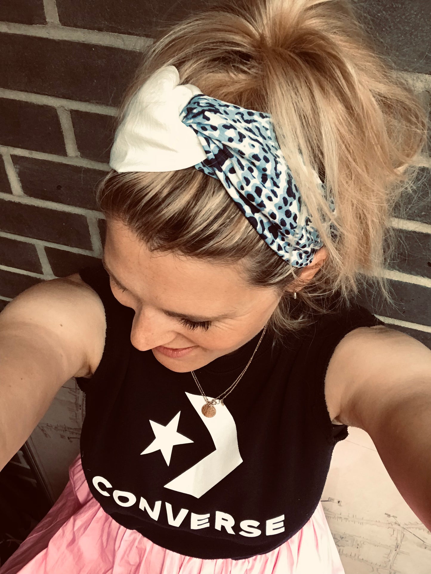 Turban style twist hairband cream and blue snakeskin