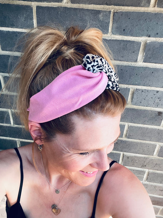 Turban twist in black denim and leopard print