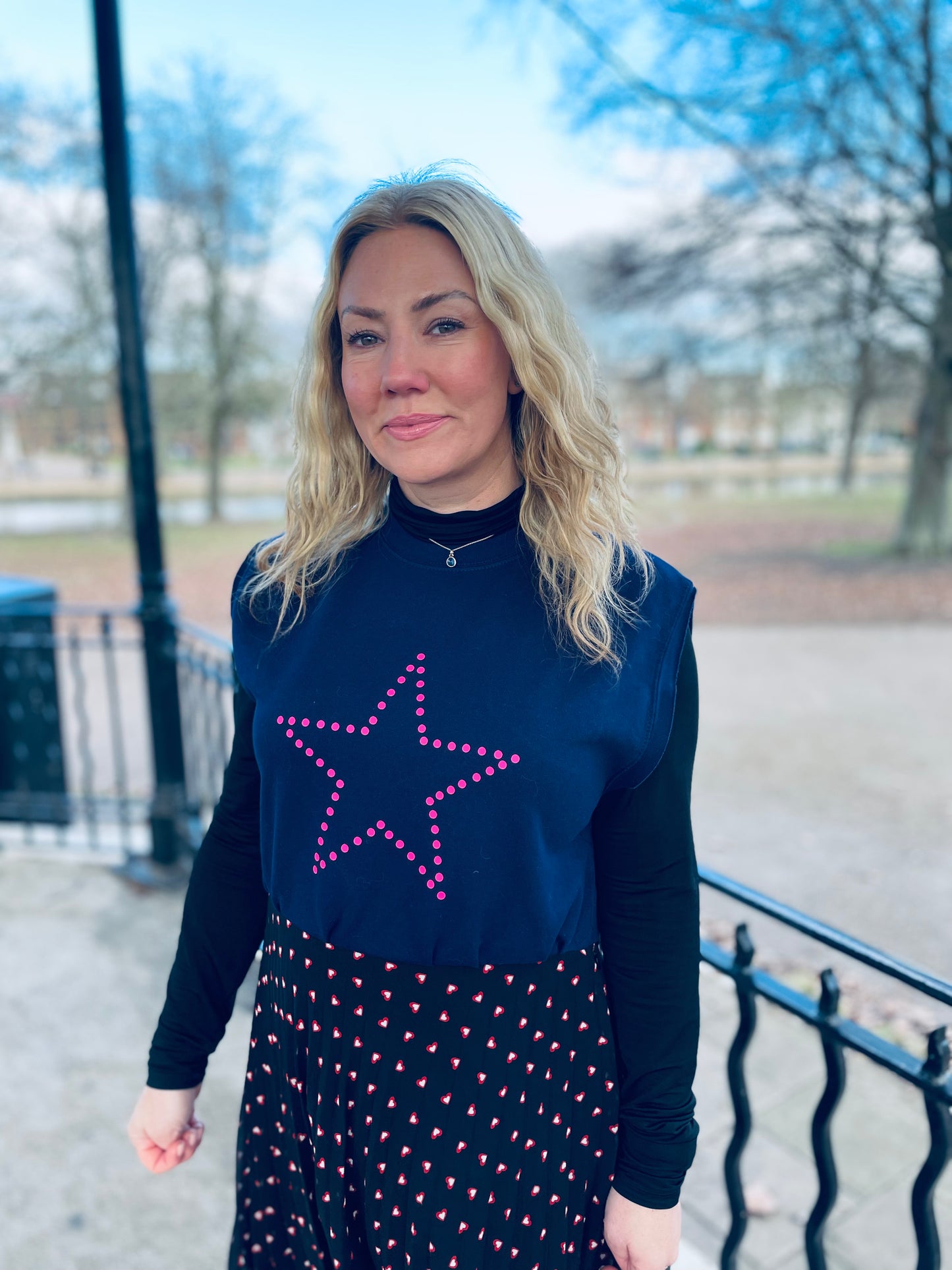 Navy polka dot star with pleated heart base Neon Marl X CLJ repurposed dress