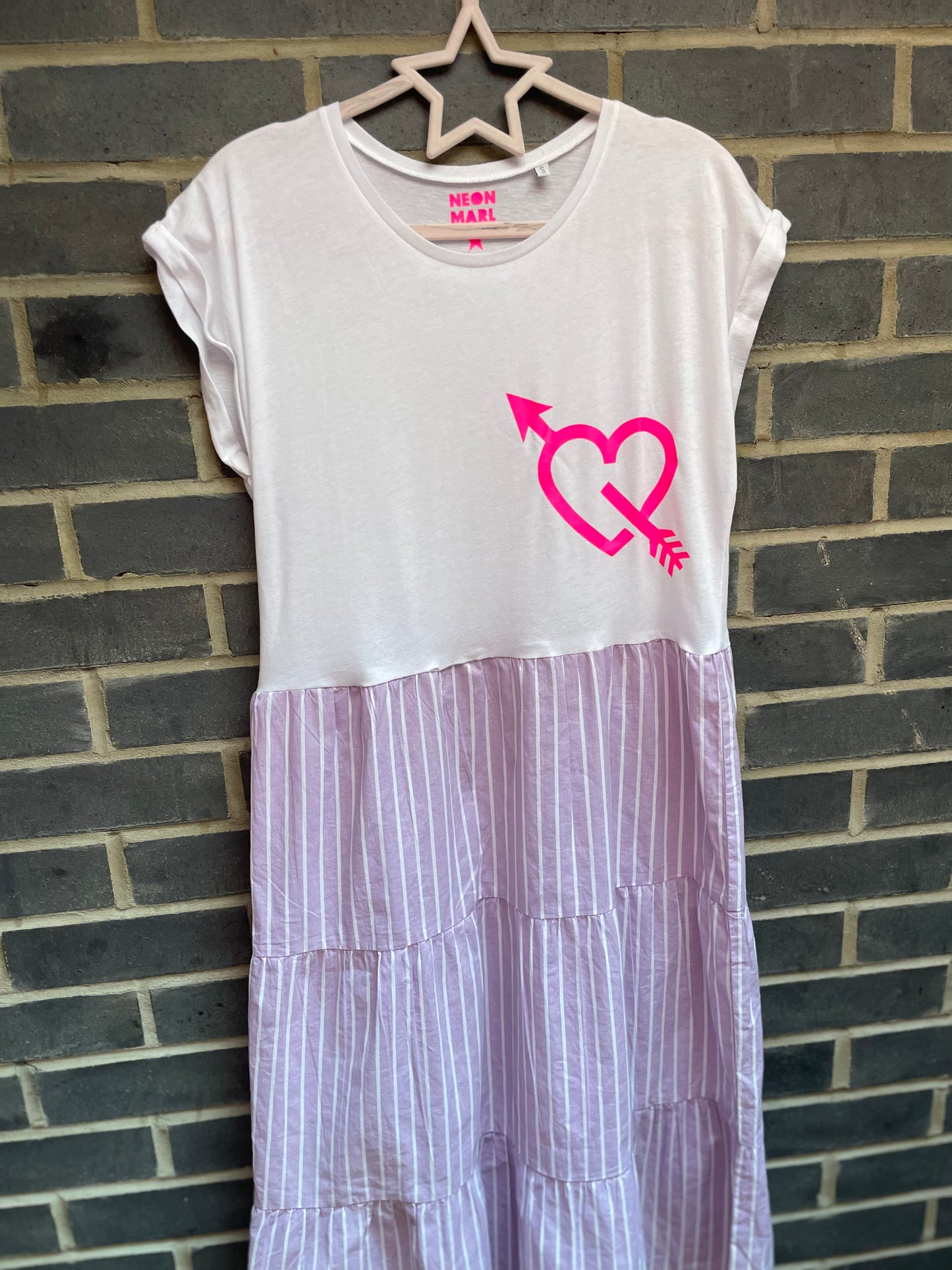 Bright pink arrow heart white tee mixed with lilac striped Neon Marl X CLJ repurposed dress