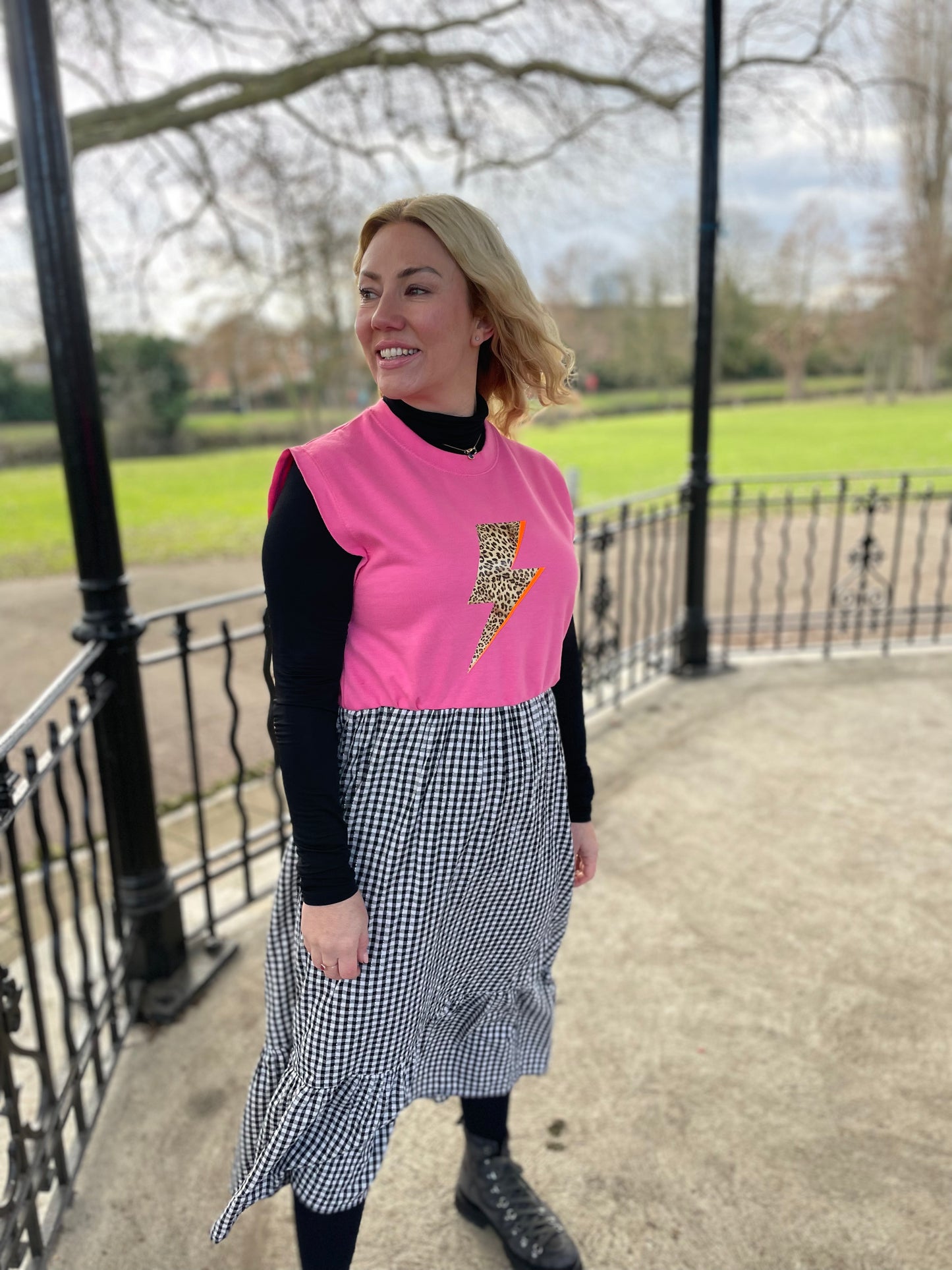 Pink lightning bolt gingham Neon Marl X CLJ repurposed dress