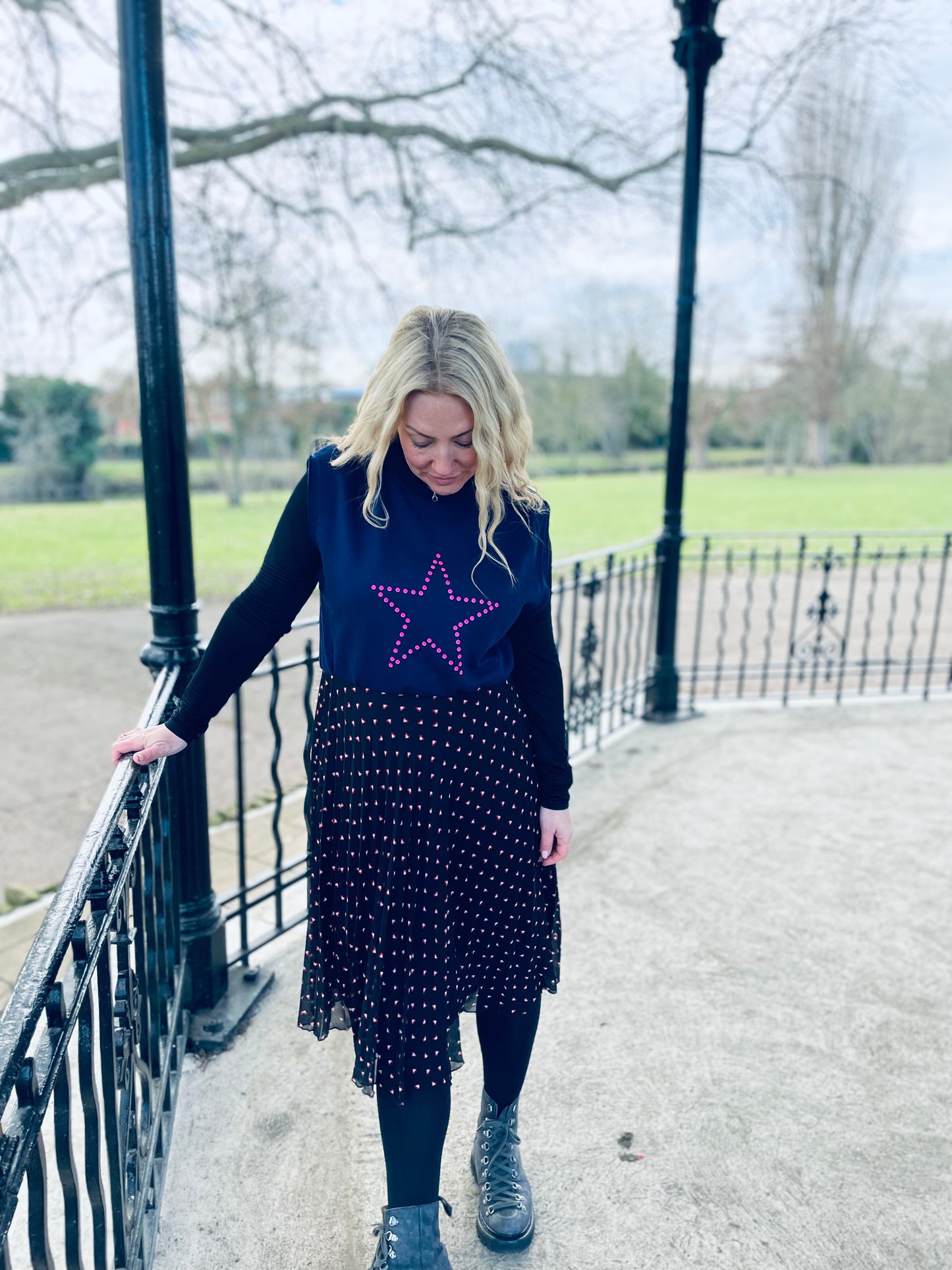 Navy polka dot star with pleated heart base Neon Marl X CLJ repurposed dress