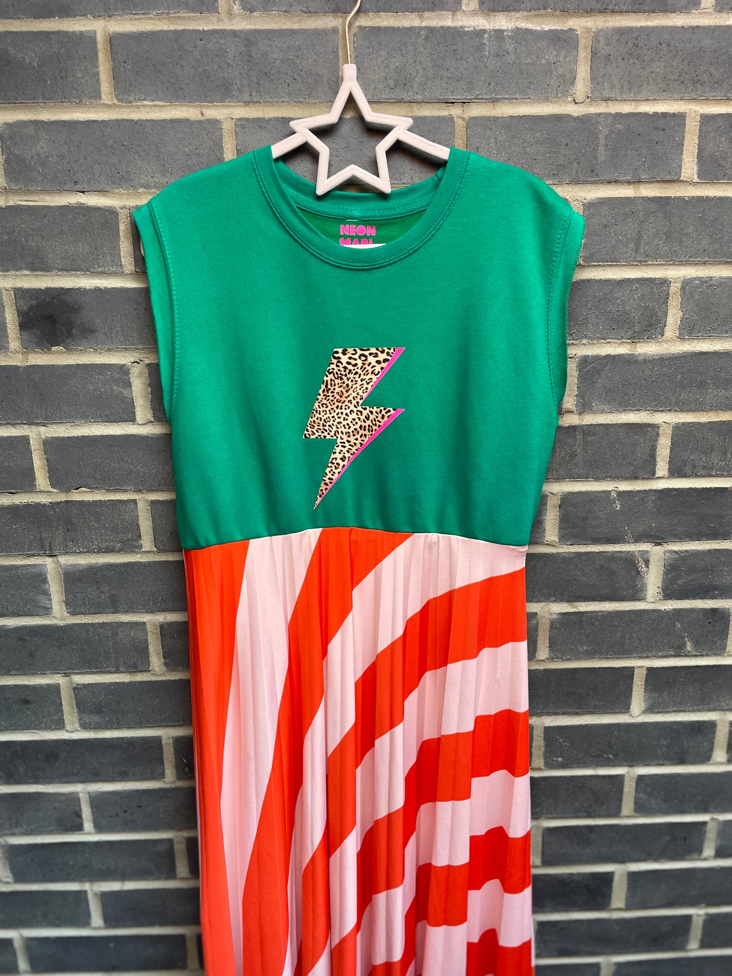 Green leopard lightning bolt with pleated stripes Neon Marl X CLJ repurposed dress